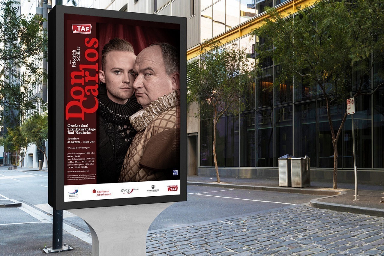Plakat für das Theaterstück Don Carlos für das Theater alte Feuerwache in Bad Nauheim